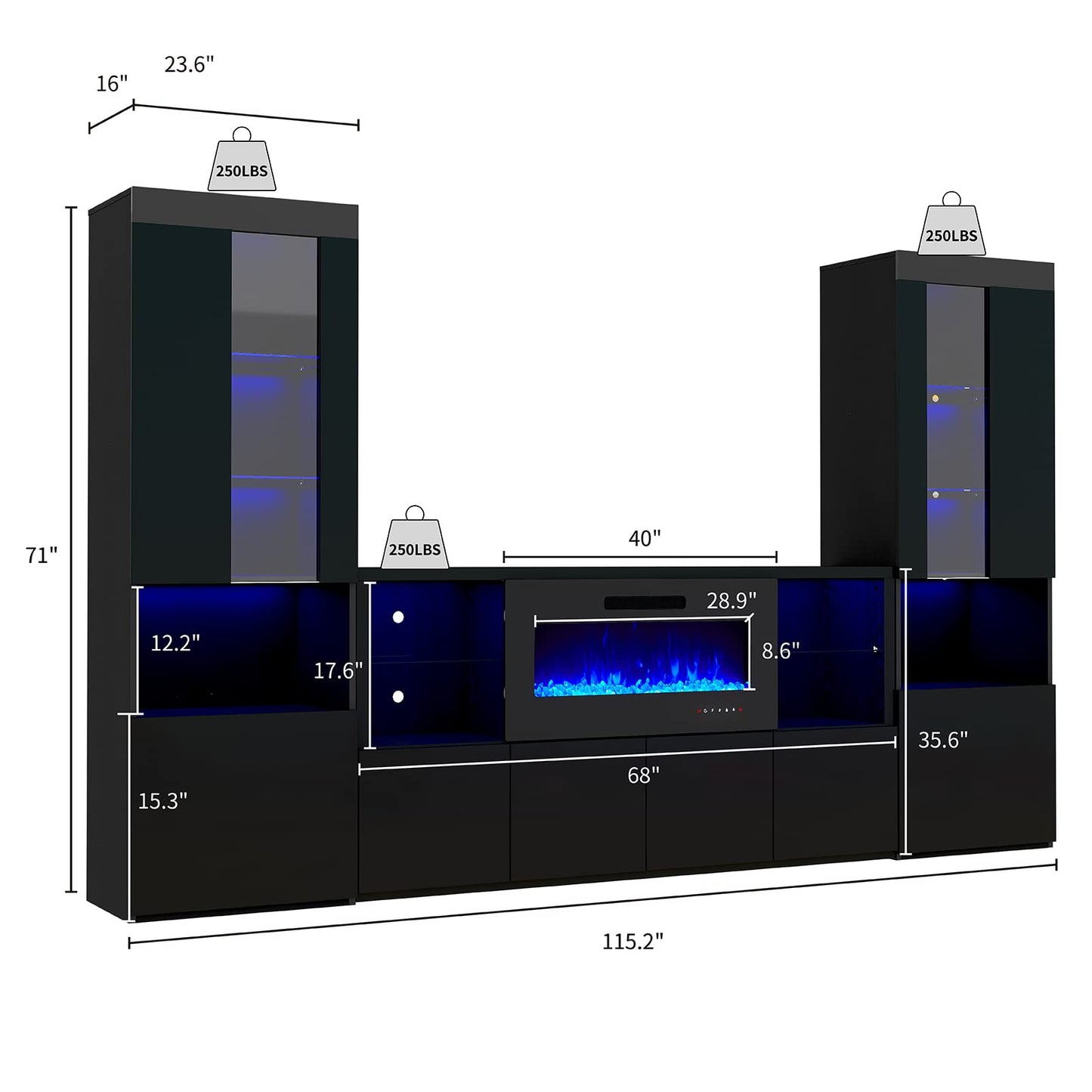 AMERLIFE 3 Piece Modern High Gloss Fireplace TV Stand + Bookcase Set for Living Room Includes 68" TV Stand with 40" Fireplace, 2 X Bookcase Storage Cabinet with Doors & 20 Colors LED Lights, Black