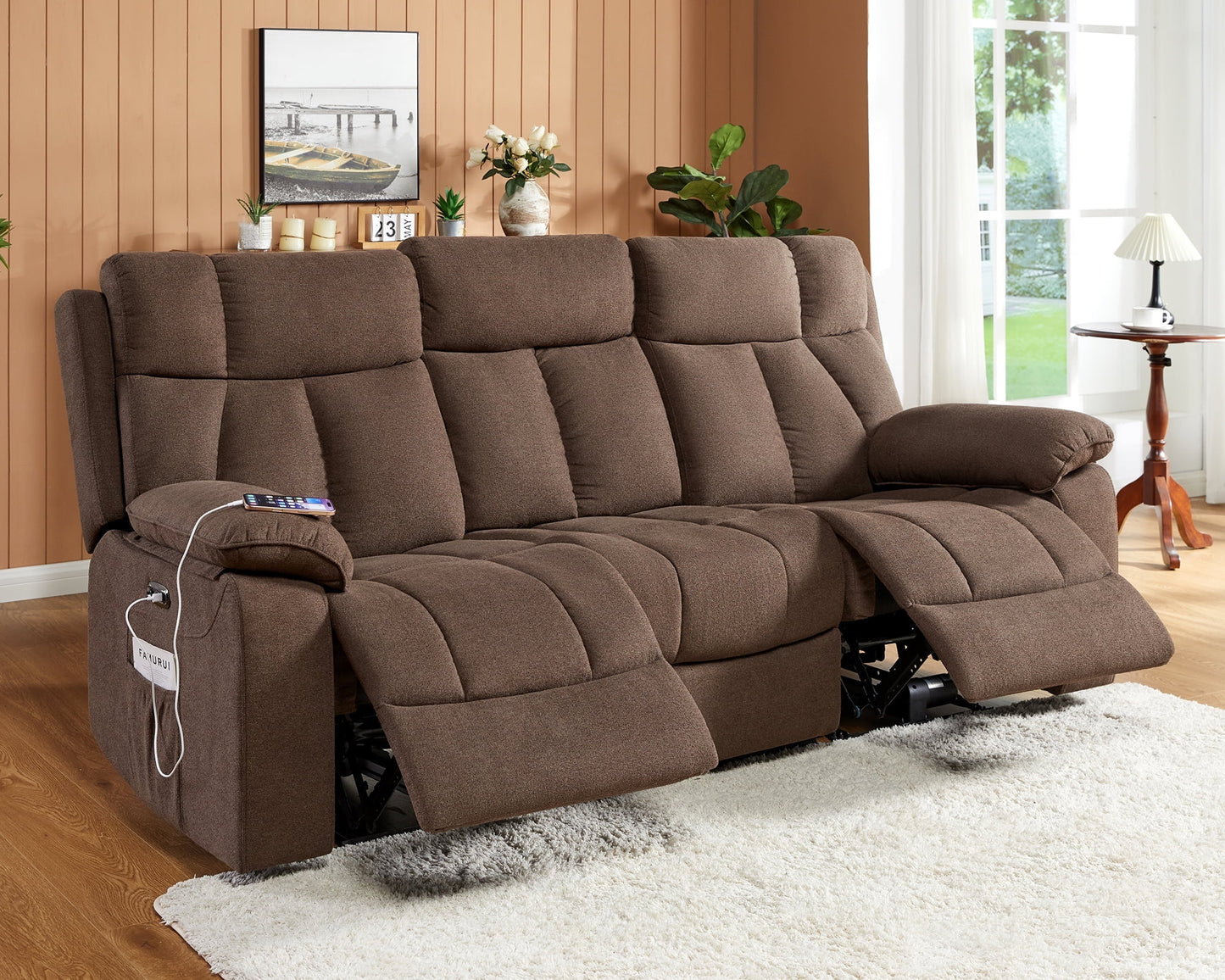 Merluxy Home Theater Seating Seats, Power Reclining Sofa with USB Charging Port and One-touch Lock- Theatre Reclining Sofa for Media Room, 3 Seater Recliner Sofa