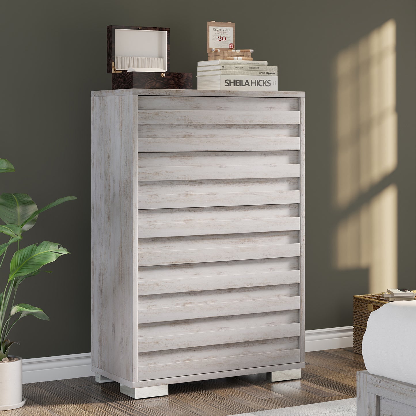 Farmhouse 5 Drawers Dresser, Wood Rustic Chest of Drawers for Bedroom, Tall Dressers Organizer with Hidden Handles for Living Room, Hallway, Entryway