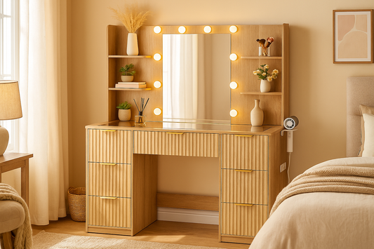 Merluxy Fluted Vanity Desk with Mirror and LED Lights, 4 Drawers Makeup Table with Glass Top and Charging Station for Women and Girls