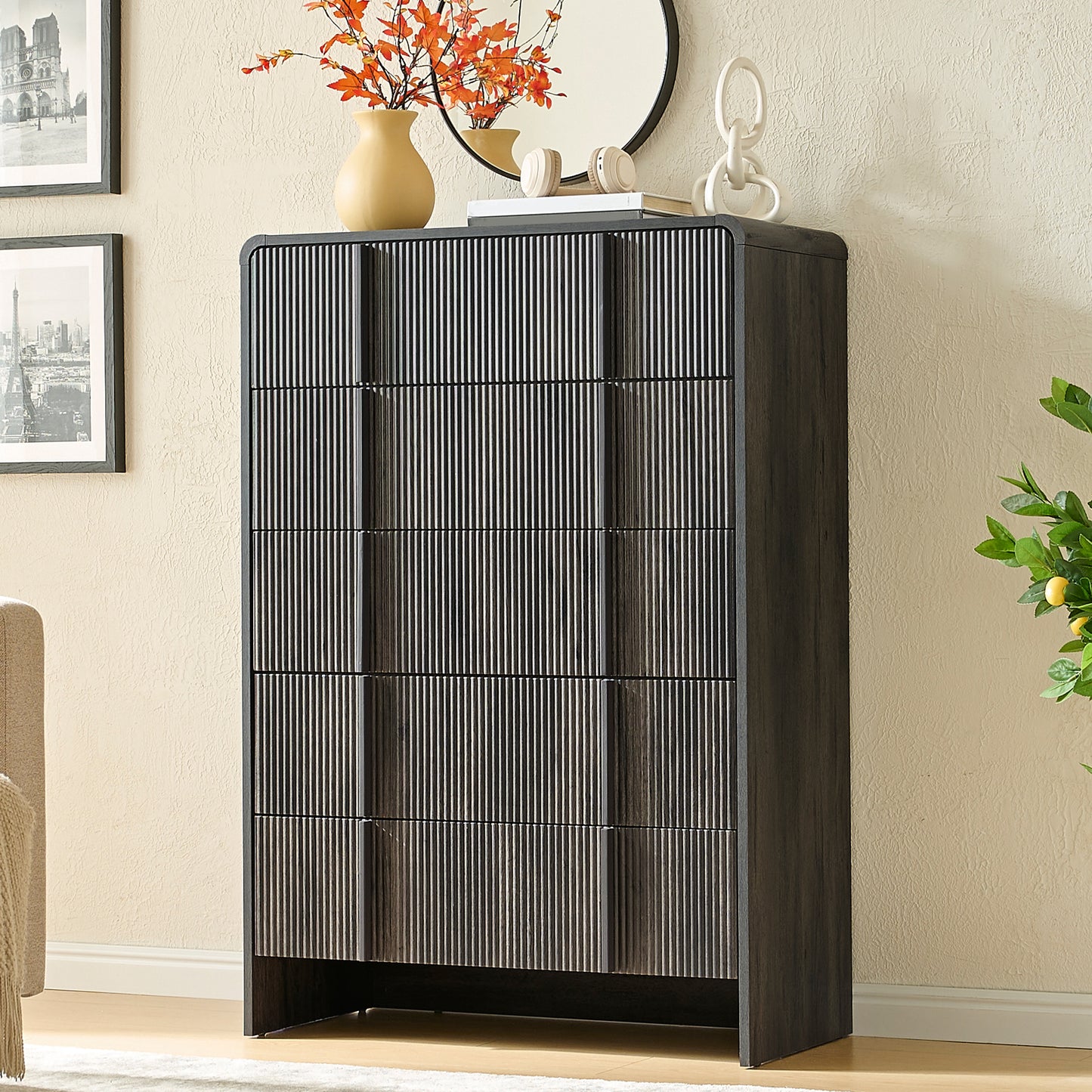 VanAcc Drawer Dresser, Modern Chest of Drawers with Pine Handle, Rounded Corners & Anti-Tip for Bedroom, Living Room, Entryway