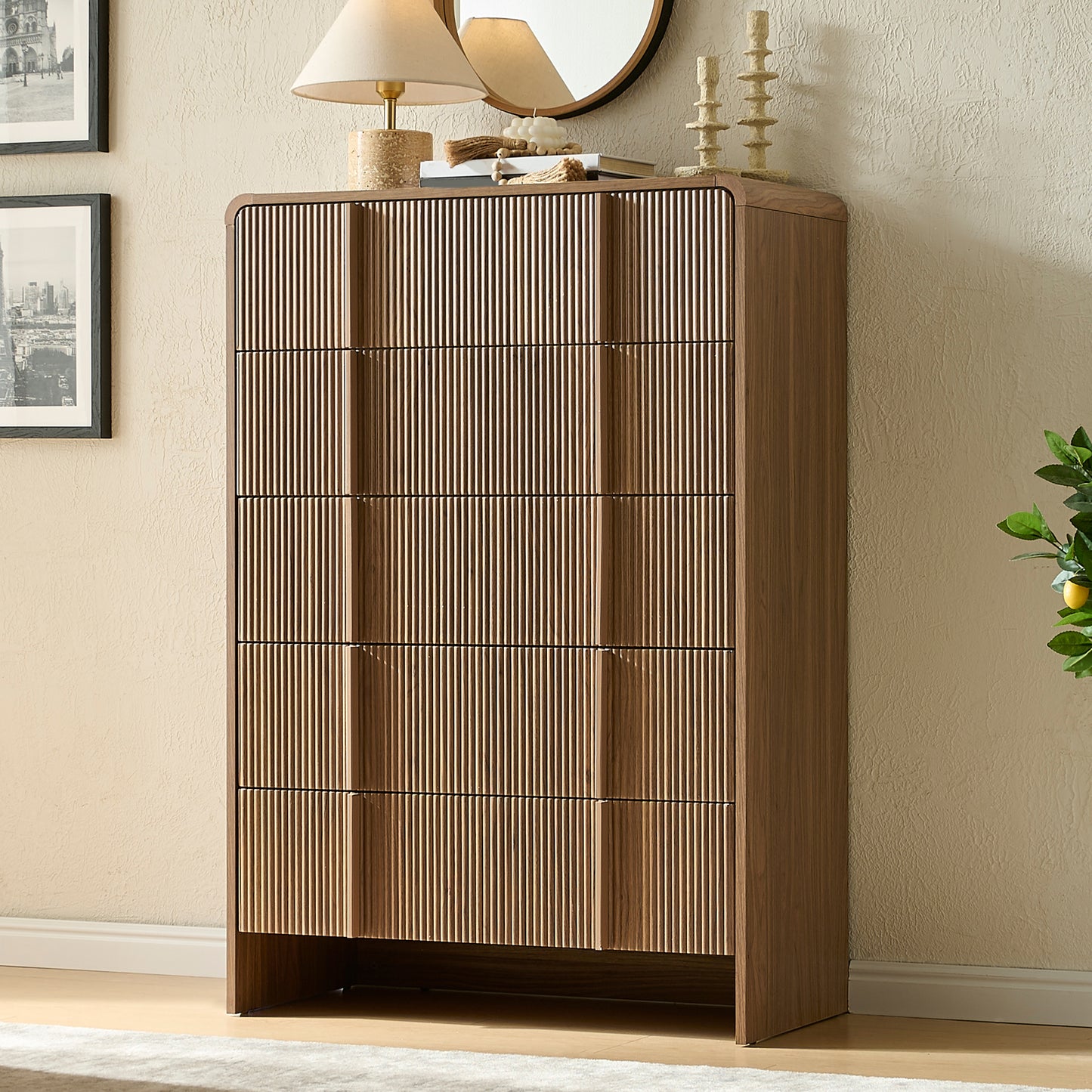 VanAcc Drawer Dresser, Modern Chest of Drawers with Pine Handle, Rounded Corners & Anti-Tip for Bedroom, Living Room, Entryway