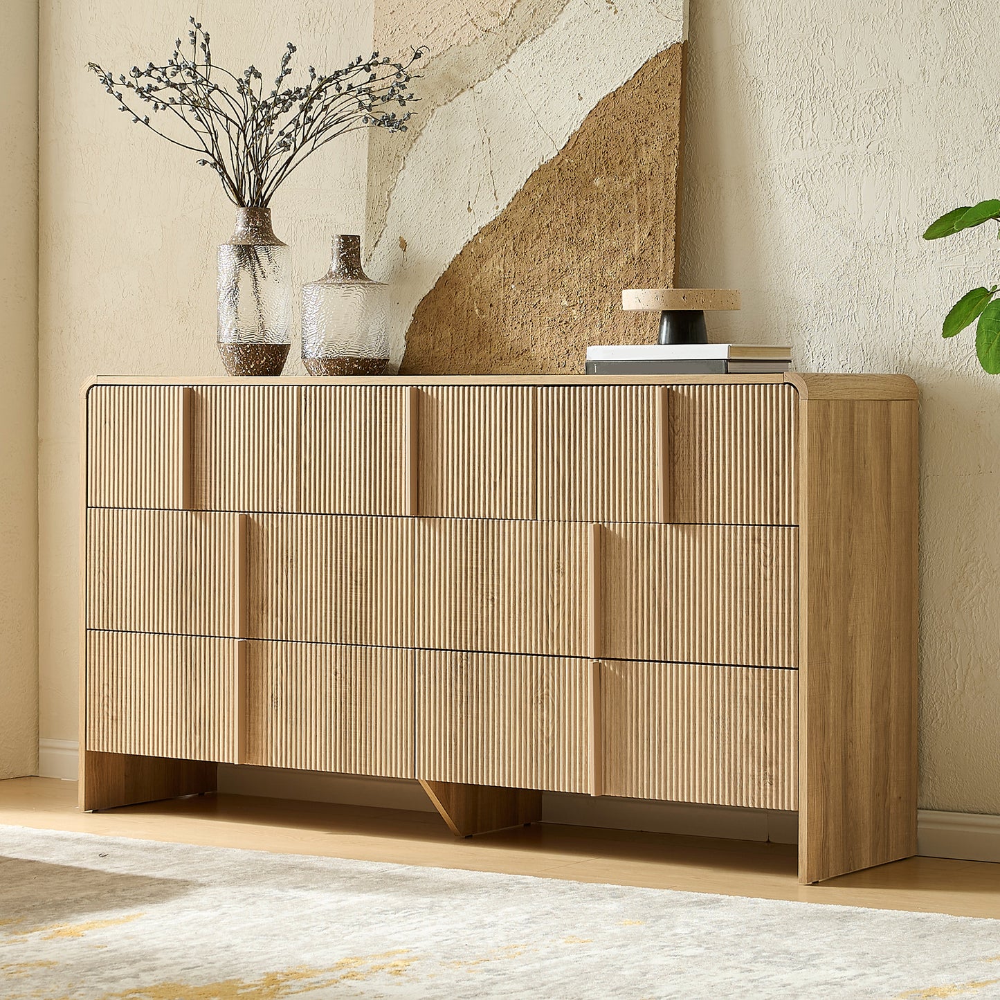 VanAcc Drawer Dresser, Modern Chest of Drawers with Pine Handle, Rounded Corners & Anti-Tip for Bedroom, Living Room, Entryway