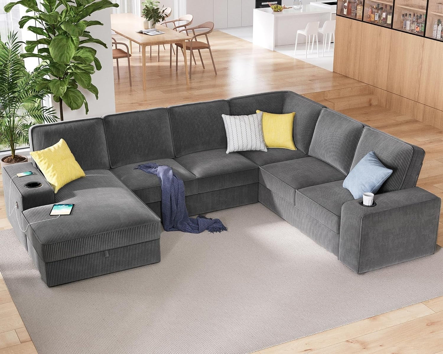 Roomy Homy 112 inch Oversized Sofa with USB, U Shaped Sofa with Storage for Adult