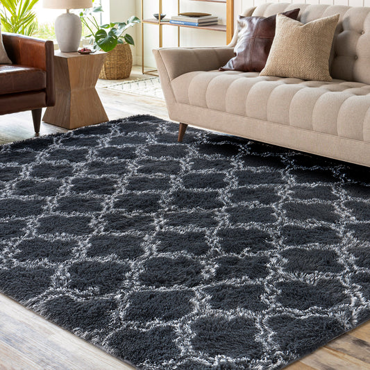 papajet Area Rug, Shaggy High Pile, Diamond Pattern, Dark Grey