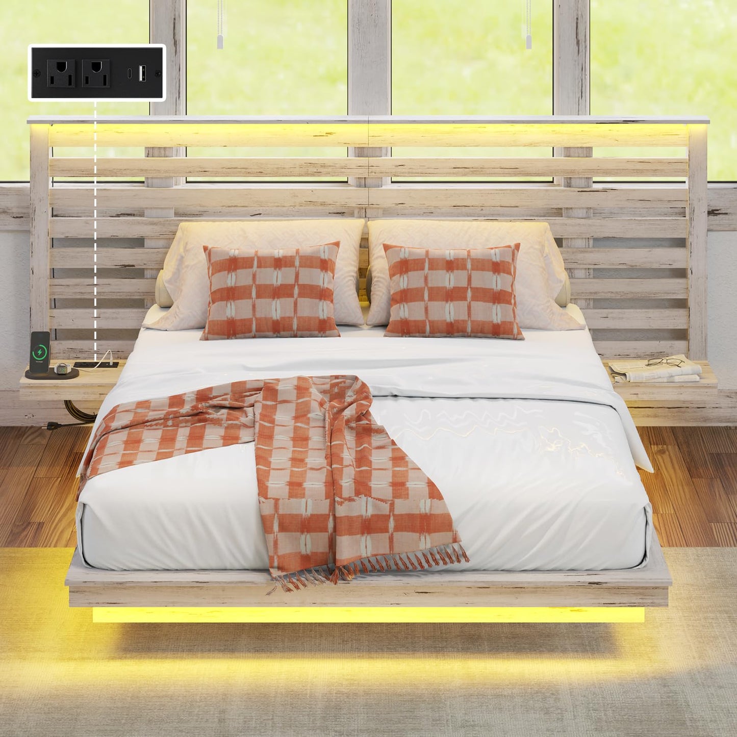 LUXOAK Farmhouse Full Floating Bed Frame with Nightstands, Platform Bed with LED Light & Type-C & USB Charging Station, No Box Spring Needed/Noise Free, Distressed White