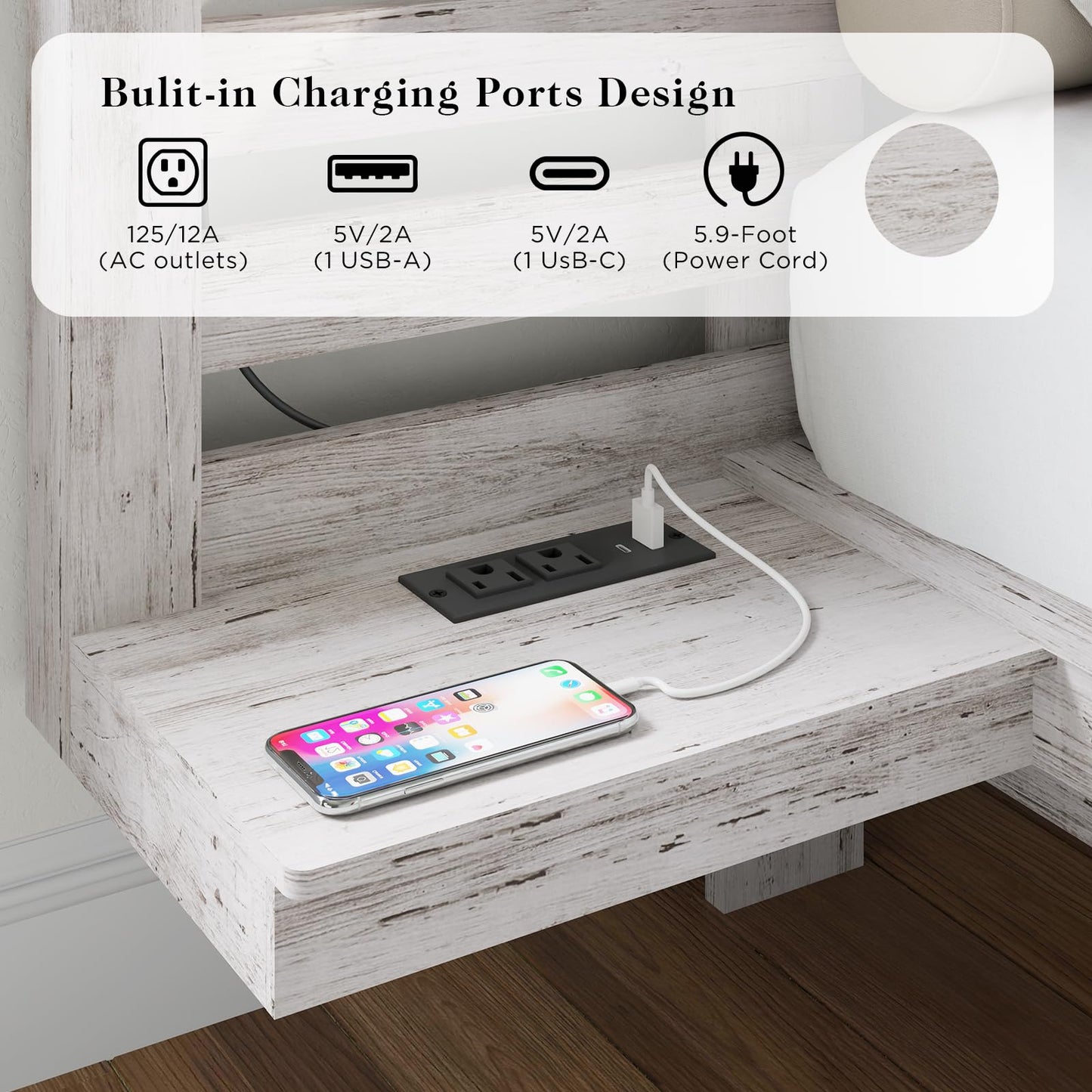 LUXOAK Farmhouse Full Floating Bed Frame with Nightstands, Platform Bed with LED Light & Type-C & USB Charging Station, No Box Spring Needed/Noise Free, Distressed White