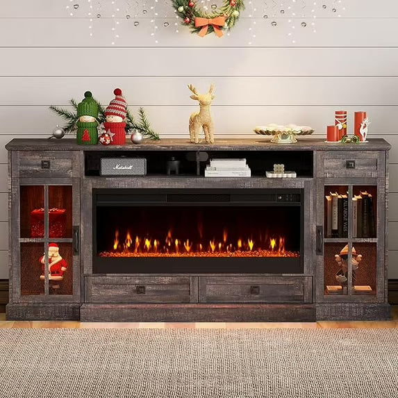 VanAcc Farmhouse Fireplace TV Stand for TVs up to 80", 70" Large TV Stand with Lighting Glass Door Cabinets/Drawers, Entertainment Center