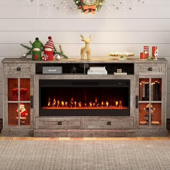 VanAcc Farmhouse Fireplace TV Stand for TVs up to 80", 70" Large TV Stand with Lighting Glass Door Cabinets/Drawers, Entertainment Center