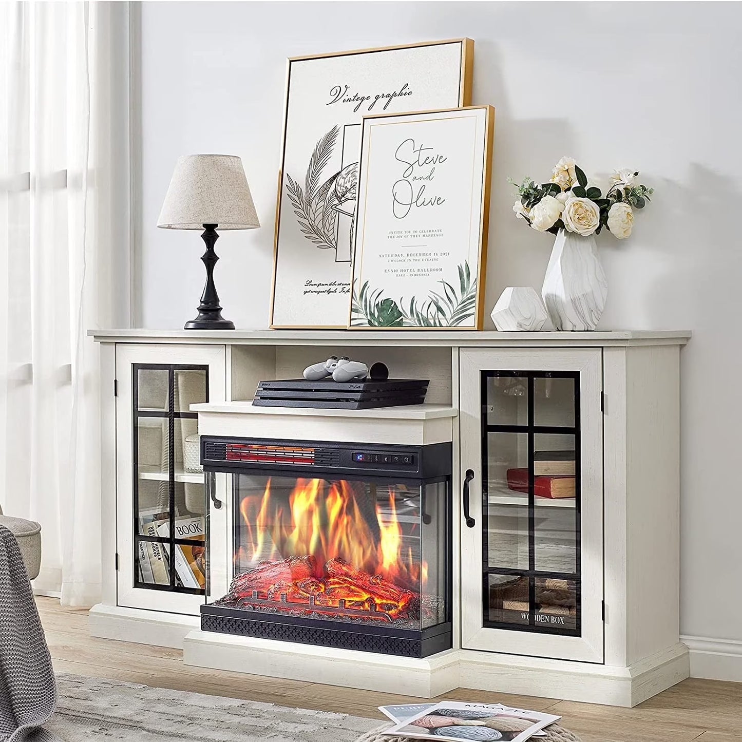 PLAUIN Fireplace TV Stand with 3-Sided Glass Electric Fireplace, 59" Entertainment Center