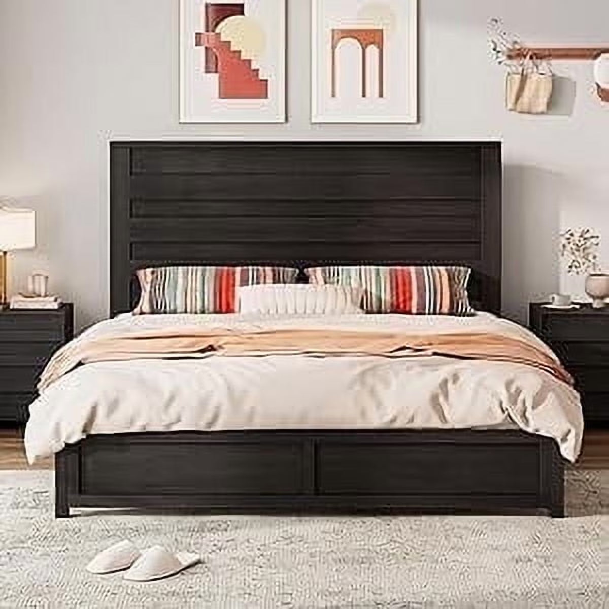VANACC Bed Frame with 49" Tall & Full-Panel Headboard, Farmhouse Platform Bed with Wood Slats & Metal Bed Frame, No Box Spring Needed/Noise Free