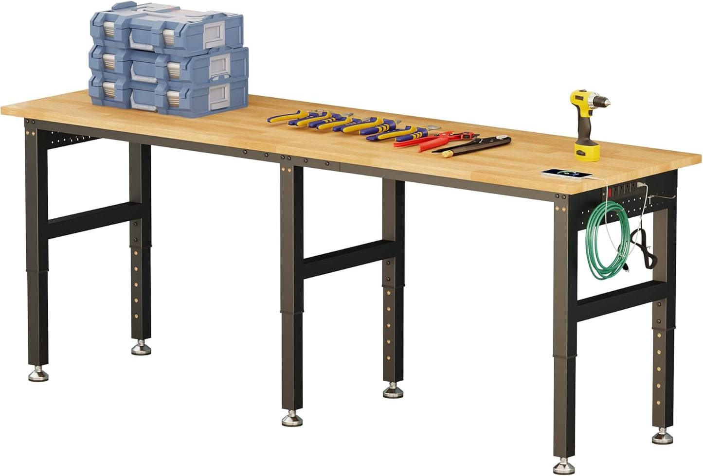 Jocisland Adjustable Workbench with Power Outlets, 2000 Lbs Capacity Rubber Wood Top Work Benches for Garage, Heavy Duty Work bench, Office, Workshop