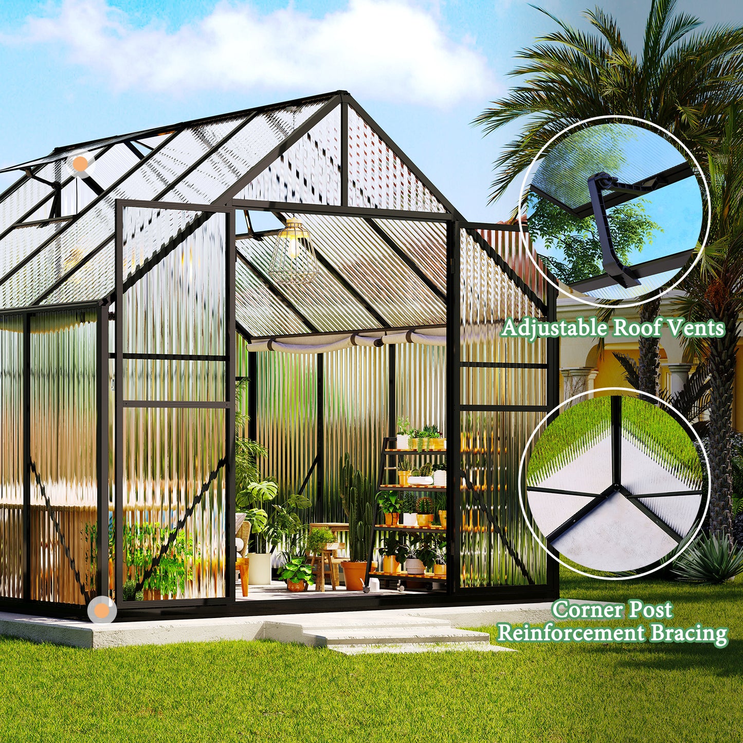Jocisland 7.7x7.7x7 FT Polycarbonate Walk-In Greenhouse with Aluminum Frame, 2 Top-Opening Windows & 2 Swing Doors, Heavy Duty for Outdoor Garden Use, Black