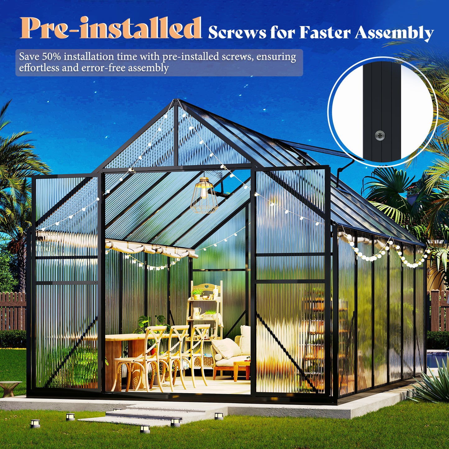 Jocisland 7.7x7.7x7 FT Polycarbonate Walk-In Greenhouse with Aluminum Frame, 2 Top-Opening Windows & 2 Swing Doors, Heavy Duty for Outdoor Garden Use, Black