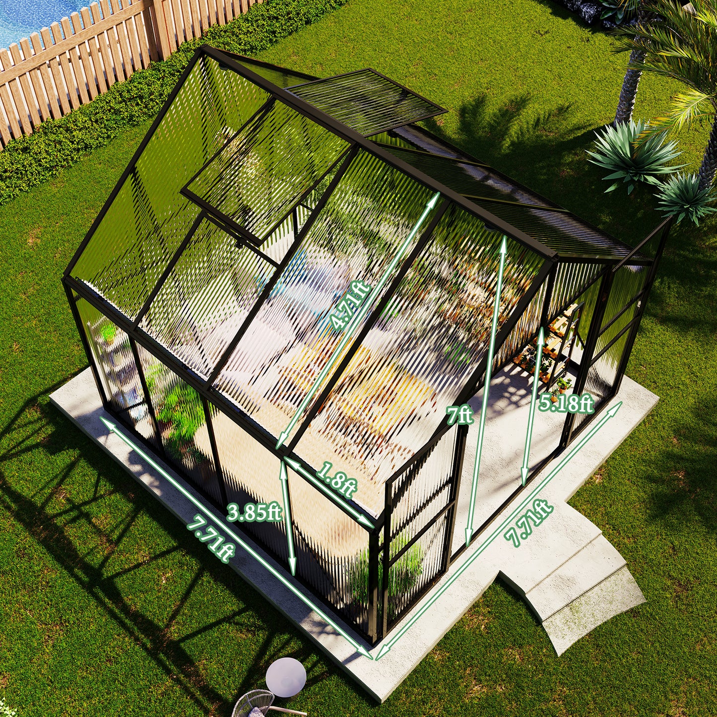 Jocisland 7.7x7.7x7 FT Polycarbonate Walk-In Greenhouse with Aluminum Frame, 2 Top-Opening Windows & 2 Swing Doors, Heavy Duty for Outdoor Garden Use, Black