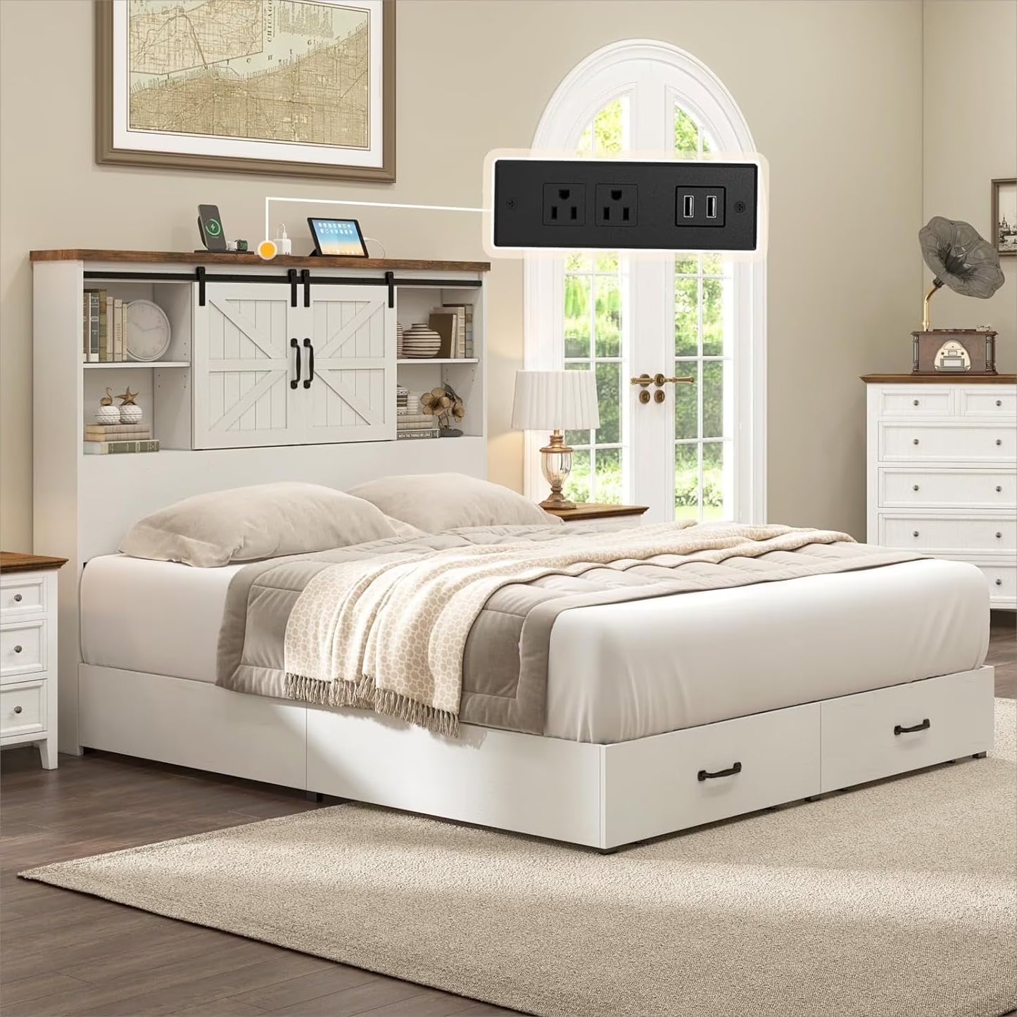 VANACC Wooden Platform Storage Bed Frame with 51.2" Wood Bookcase Headboard
