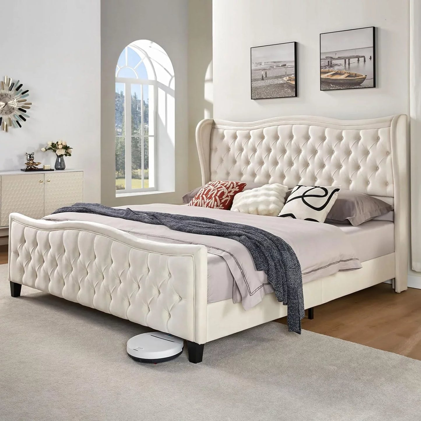 Queen Size Platform Bed Frame, Wavy Velvet Wingback Upholstered Bed with Handmade Deep Button Tufted 52.9" High Headboard & Footboard/No Box Spring Needed/Grey