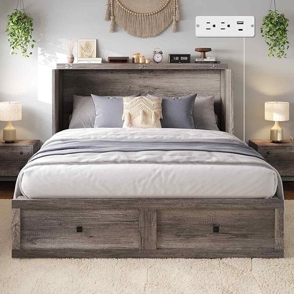 AMERLIFE Full Murphy Bed with Storage & Charging Station, Farmhouse Murphy Cabinet with Foldable Panel, Noisy Free, for Guest Bedroom, Living Room, Office, Distressed White & Barnwood