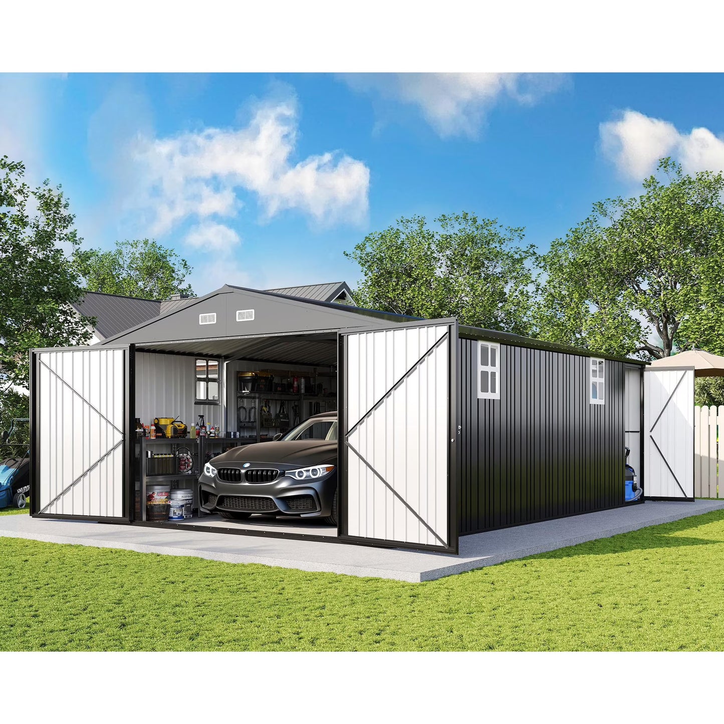 Jocisland Galvanized Steel Storage Shed with Windows & Hinged Doors, Outdoor Shed for Backyard, Garden, Patio