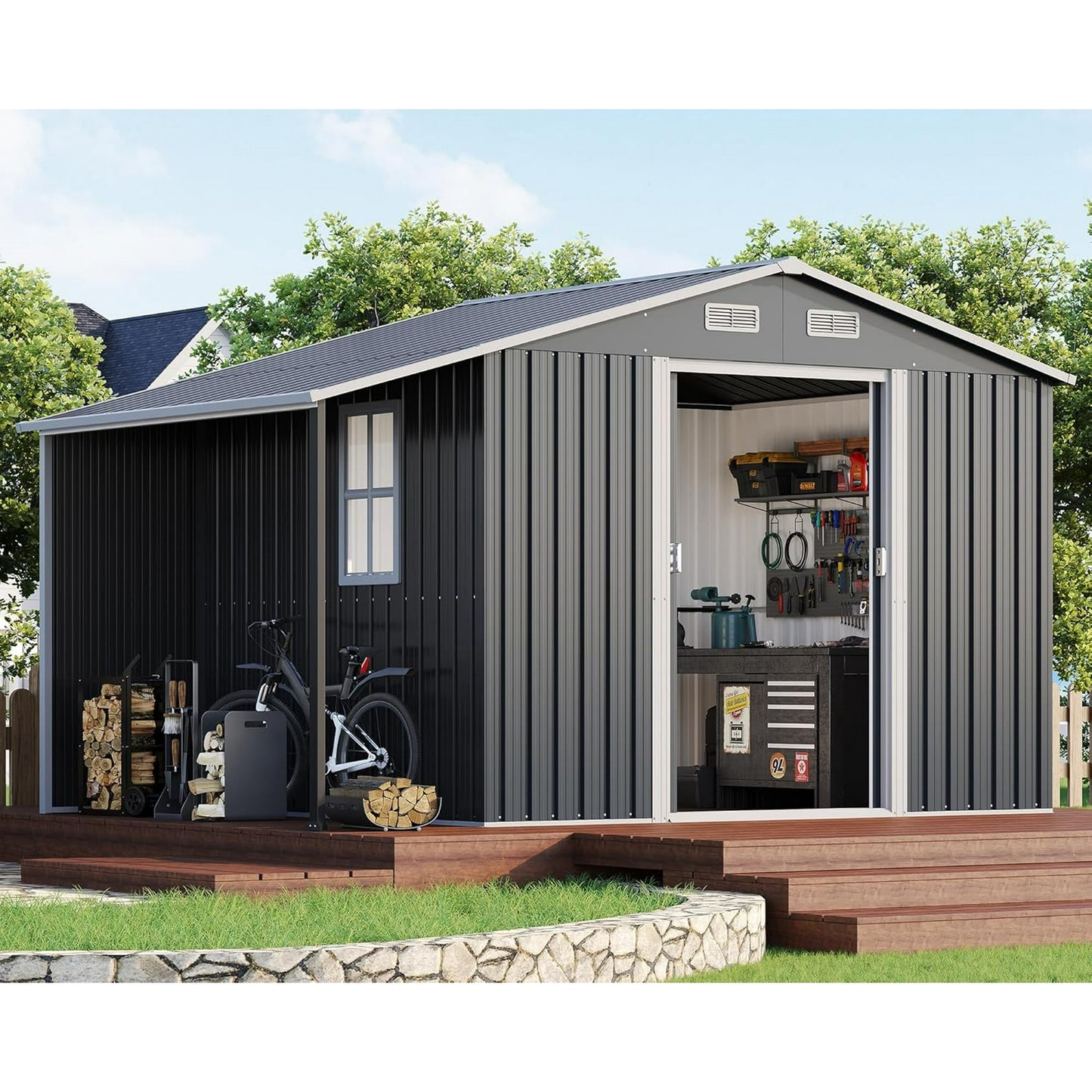 Jocisland Outdoor Storage Shed, Metal Shed with Sliding Doors Two 4-Pane Windows, Open Outdoor Shed for Wood Storage, Dark Grey