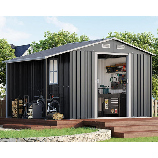 Jocisland Outdoor Storage Shed, Metal Shed with Sliding Doors Two 4-Pane Windows, Open Outdoor Shed for Wood Storage, Dark Grey