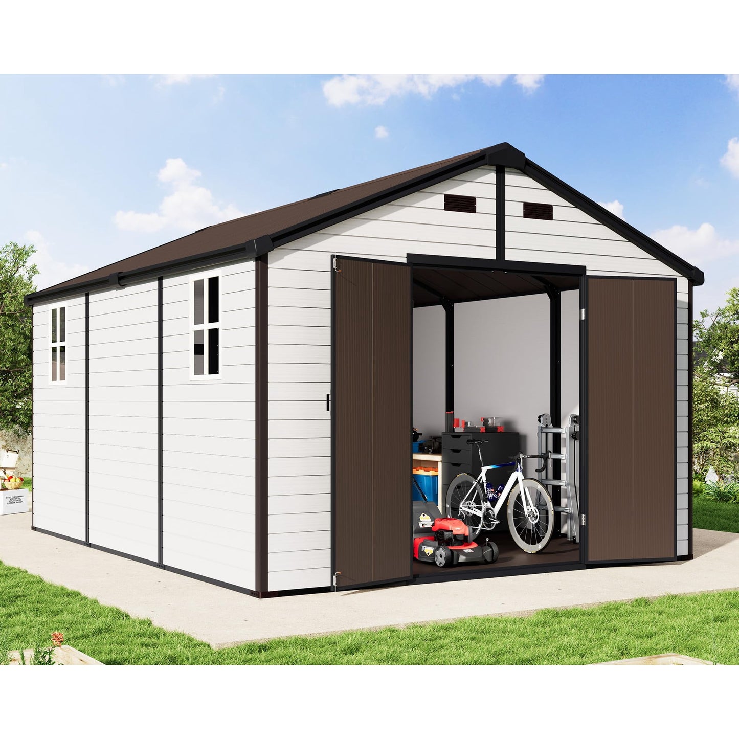 Jocisland 10x13.5x8 ft Resin Storage Shed with Floor, Lockable Outdoor Storage Shed with 2 Windows, for Backyard, Garden – White & Brown