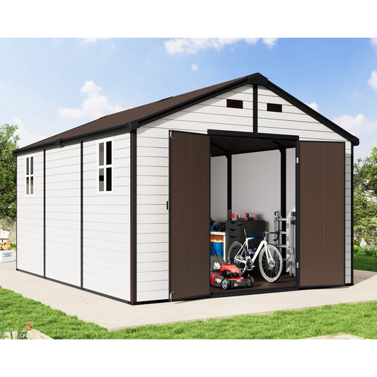 Jocisland 10x13.5x8 ft Resin Storage Shed with Floor, Lockable Outdoor Storage Shed with 2 Windows, for Backyard, Garden – White & Brown