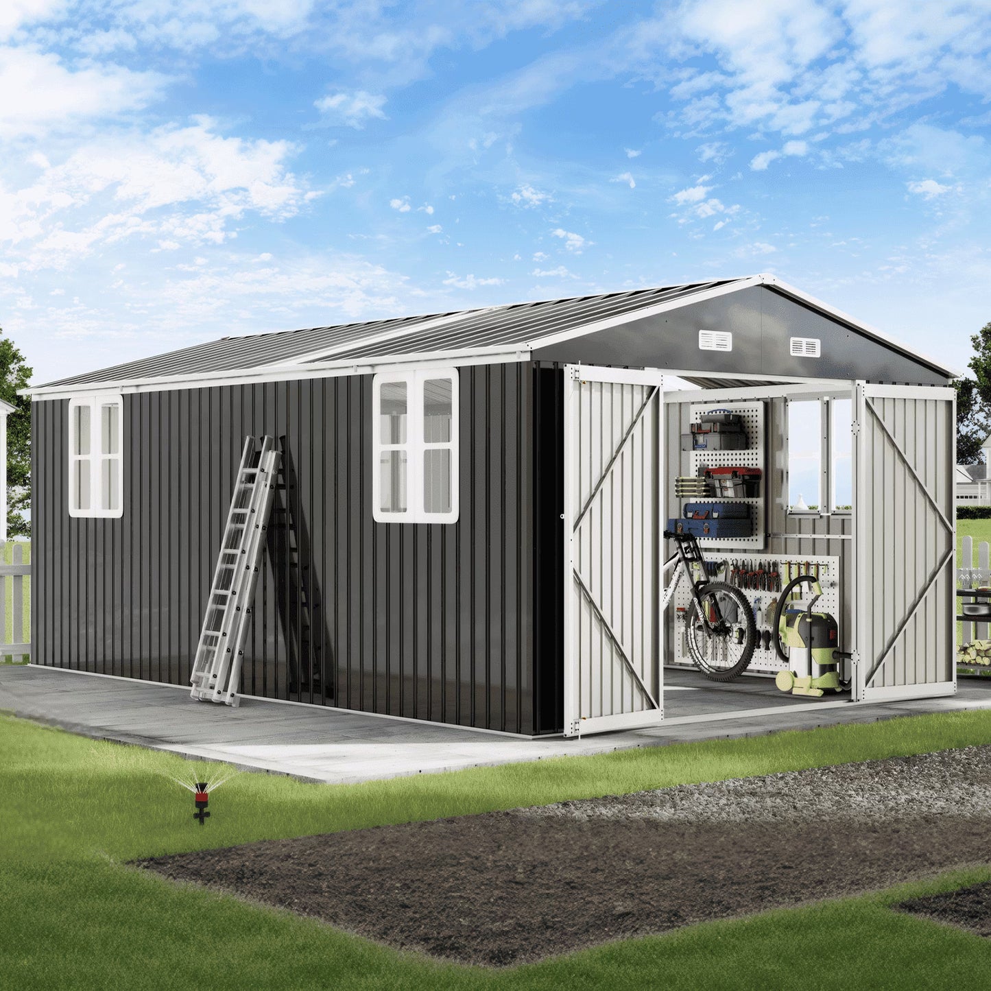 Jocisland Galvanized Steel Storage Shed with Windows & Hinged Doors, Outdoor Shed for Backyard, Garden, Patio