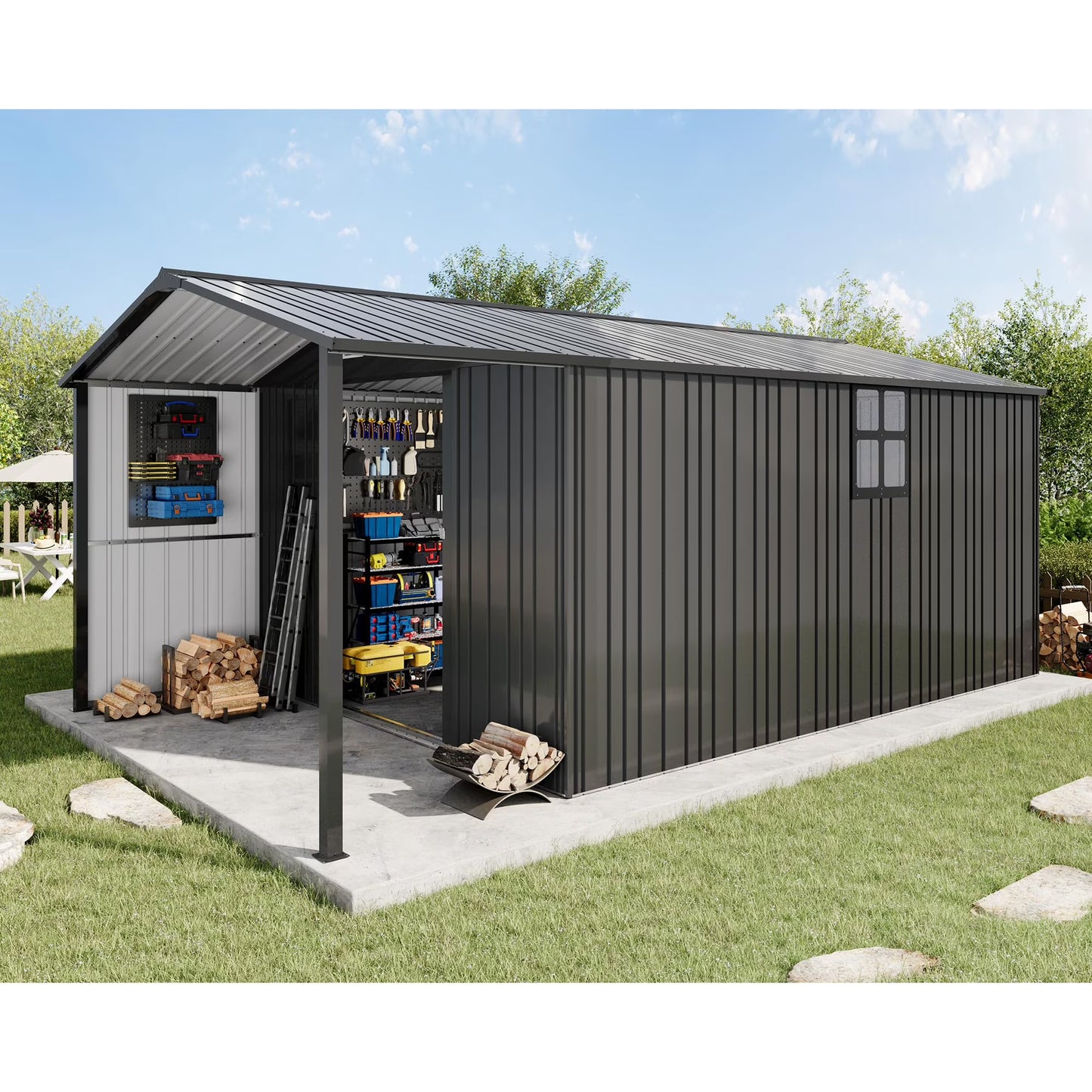 Jocisland Galvanized Steel Storage Shed with Windows & Hinged Doors, Outdoor Shed for Backyard, Garden, Patio