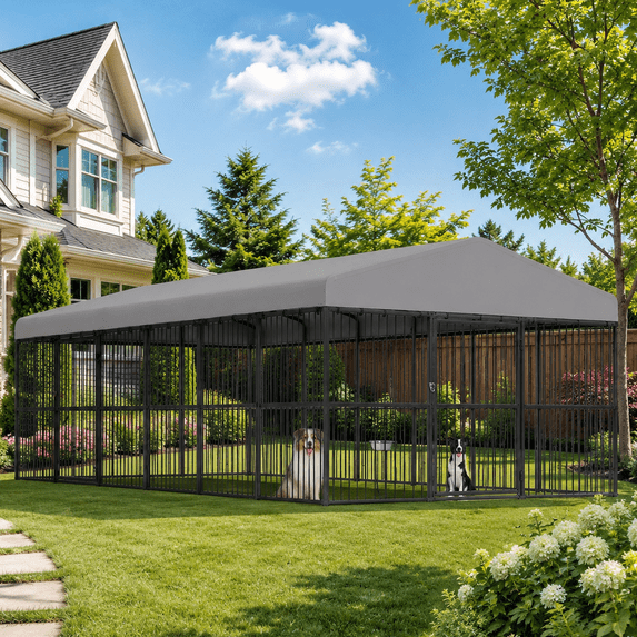 Jocisland 10x20x6.5 ft Large Outdoor Dog Kennel, Flexible 2 Door Design & Waterproof Roof, Heavy Duty Steel Frame Pet Cage with Reinforced Mesh
