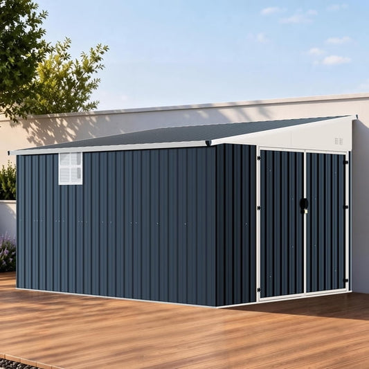 Jocisland Lean-to Storage Shed with Lockable Door, Reinforced Frame, with Sloped Roof, Ventilation Window, Folding Shelf, for Backyard, Patio