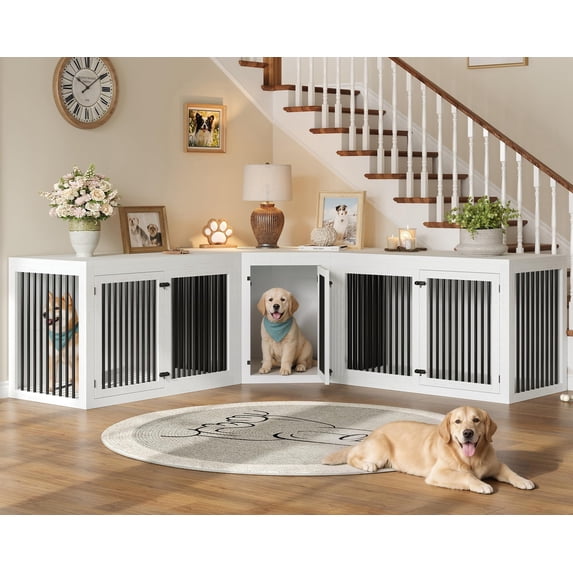 Jocisland 128" Extra Large Dog Crate Furniture, 3-in-1 Corner Kennel, Cage with Storage and Divider, Heavy Duty Crate for Medium or Large Dogs, White