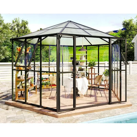 Jocisland 12x10x8 FT Hexagonal Greenhouse with Quick-Connect Fittings, Greenhouses for Outdoors Garden Backyard with 2 Swing Doors, Walk-in Aluminum Greenhouse with 2 Vents, Black