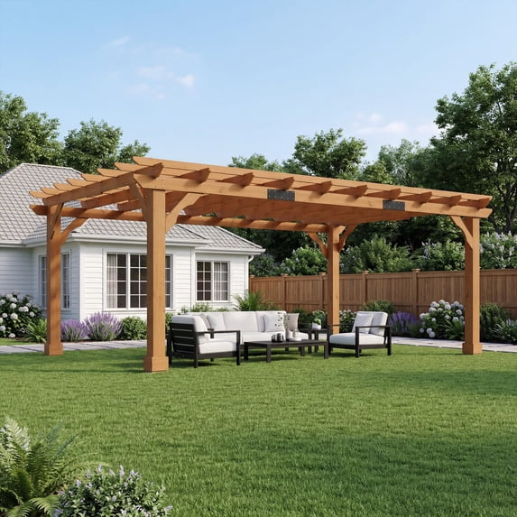 Jocisland Outdoor Wooden Pergola, Large Solid Cedar Pergola Kit with Slatted Roof Design, Heavy-Duty Frame for Backyard, Red-Brown Finish