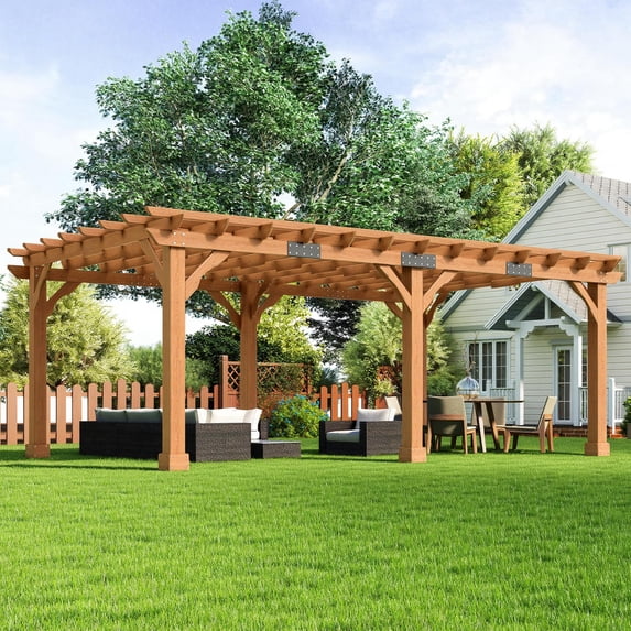 Jocisland Outdoor Wooden Pergola, Large Solid Cedar Pergola Kit with Slatted Roof Design, Heavy-Duty Frame for Backyard, Red-Brown Finish