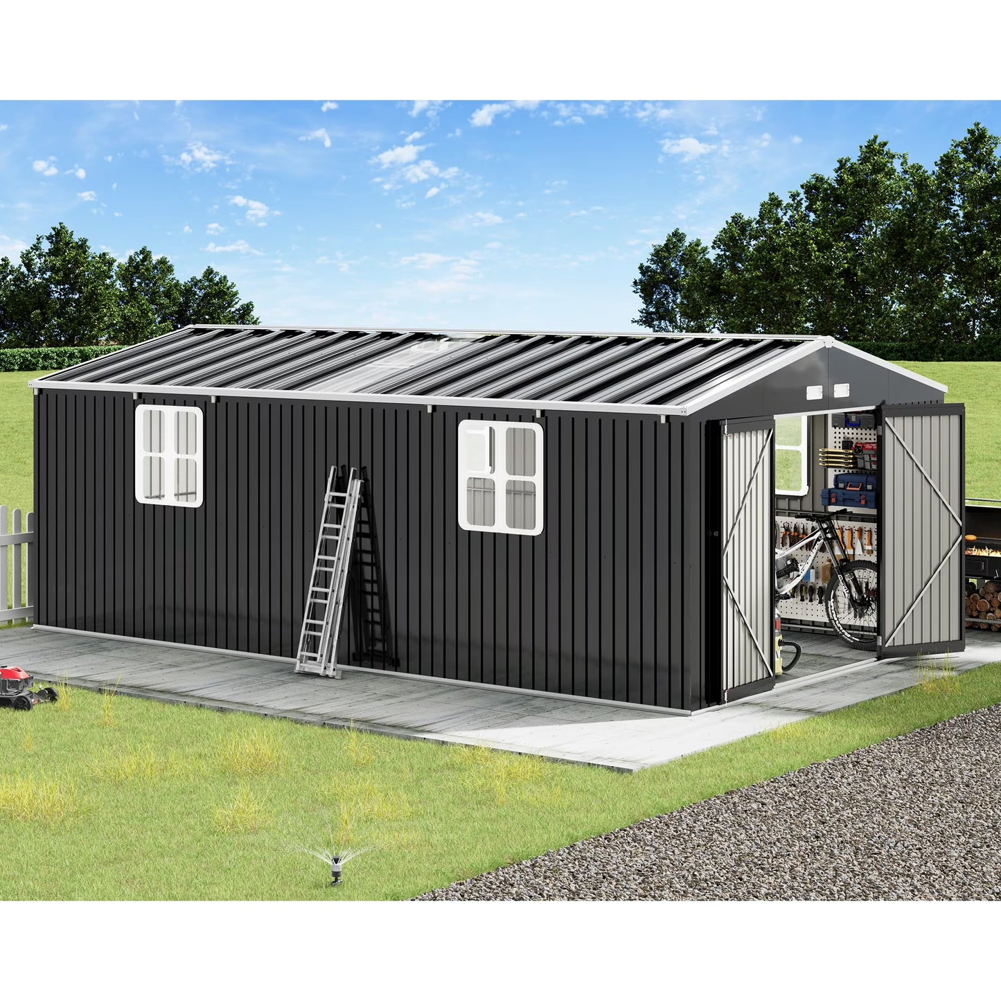 Jocisland Galvanized Steel Storage Shed with Windows & Hinged Doors, Outdoor Shed for Backyard, Garden, Patio