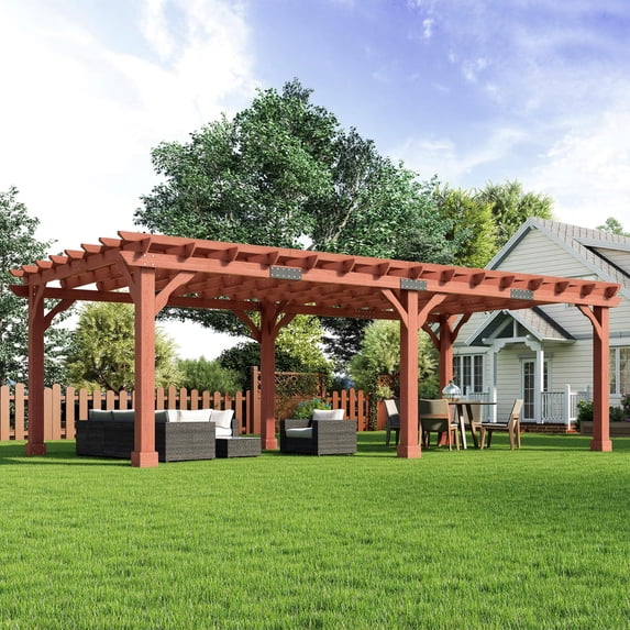 Jocisland Outdoor Wooden Pergola, Large Solid Cedar Pergola Kit with Slatted Roof Design, Heavy-Duty Frame for Backyard, Red-Brown Finish