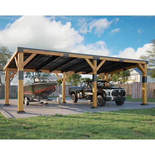 Jocisland 12x24x8.2 FT Cedar Wood Carport for 2 Cars, Heavy Duty Canopy Carport with Sloped Galvanized Steel Roof for All Weather