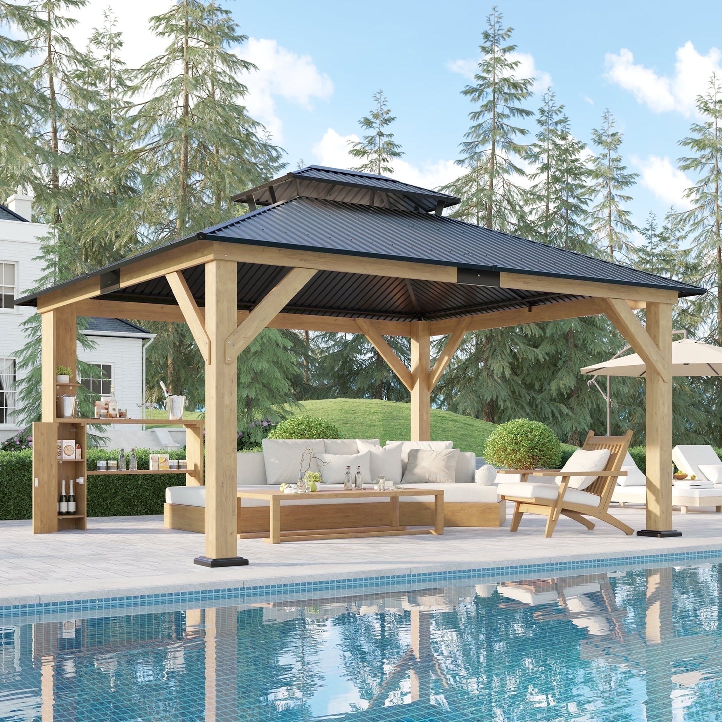 Jocisland Wood Gazebo, Hardtop Gazebo with Aluminum Double Roof, Outdoor Gazebo with Wood Frame for Parties, Backyard, Lawns, Patio, Black + Natural Wood