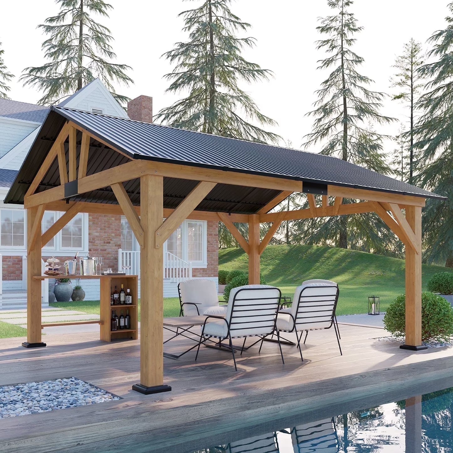 Jocisland 13'×15' Wood Gazebo, Rain resistant, Hardtop Gazebo with Metal Steel Gable Roof, Black & Natural Wood