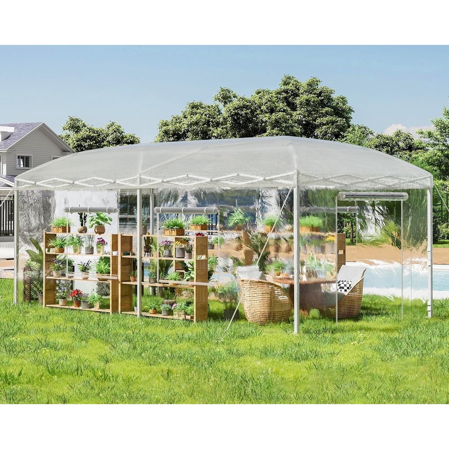 Jocisland 9.7x9.7×8.5 FT Upgraded Pop-up Greenhouses for Outdoors Indoor with Adjustable Reinforced Frame, Portable Walk in Green house with Roll-up Zipper Door, Windows and PE Cover, White