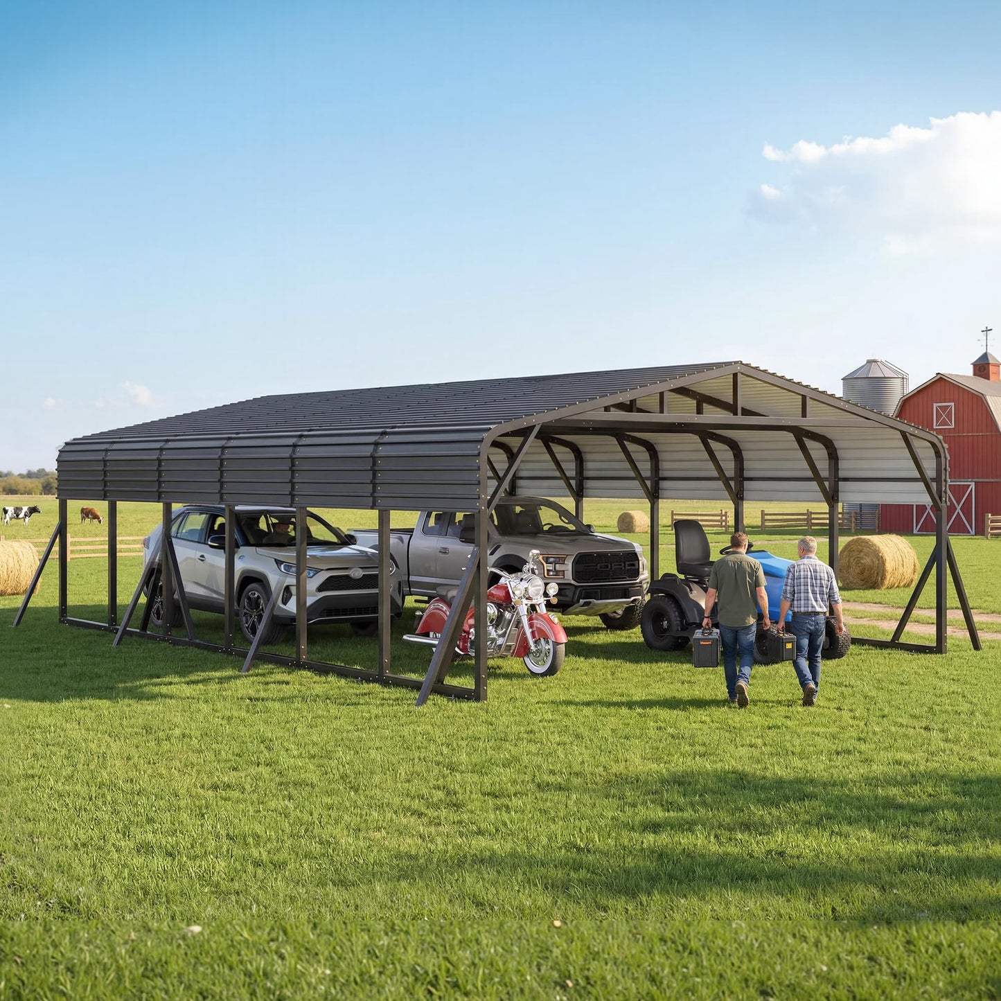 Jocisland Heavy Duty Metal Carport，All-Weather Steel Car Shelter with Galvanized Roof, Reinforced Frame and Enhanced Base