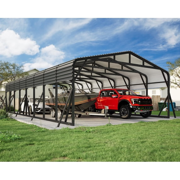 Jocisland Heavy Duty Metal Carport for Multiple Vehicles, All-Weather Car Canopy with Galvanized Steel Roof, Full-Sized Pickups and Tractors