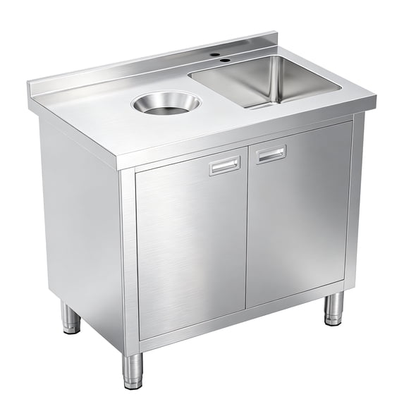 Jocisland Stainless Steel Sink Cabinet with Trash Bin Storage, for Prep Work for Home, Restaurant, Garage and Hotel