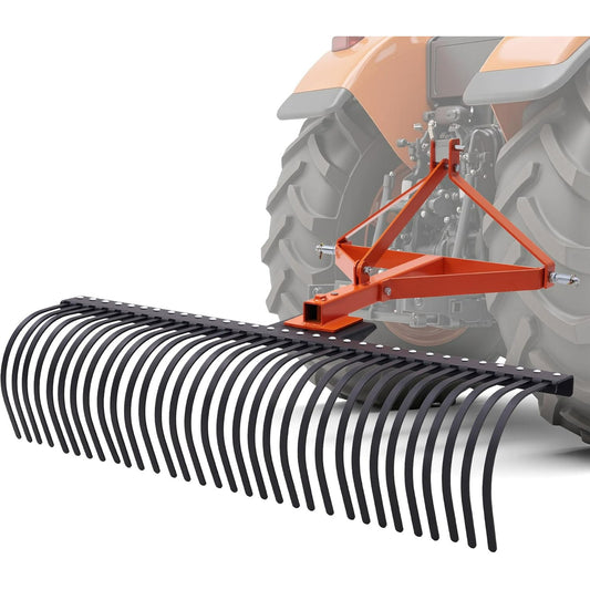 Jocisland 3 Point Tow Behind Rake, 60" Adjustable Angle with 32 Steel Tines, Lawn Dethatcher Landscape Rake with Attachments for Field, Pasture, Yard Cleanup