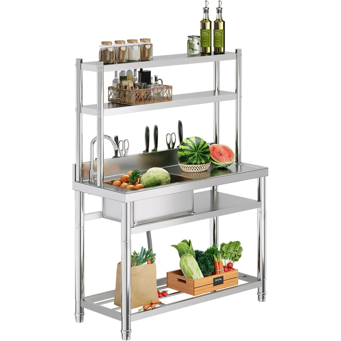 Jocisland 45"x20"x58.7" Stainless Steel Sink Workstation with Single Bowl, Worktop, 2-Tier Shelf, Storage Rack & Knife Slot, Freestanding Utility Sink for Kitchen or Laundry Room