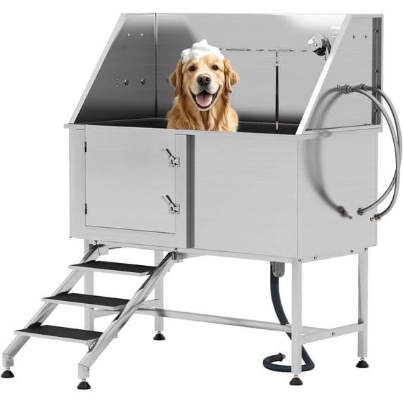 Jocisland Professional Dog Washing Station with Stairs, 304 Stainless Steel Pet Bathtub Features, Adjustable 3-Flow Showerhead, Pet Wash Tub