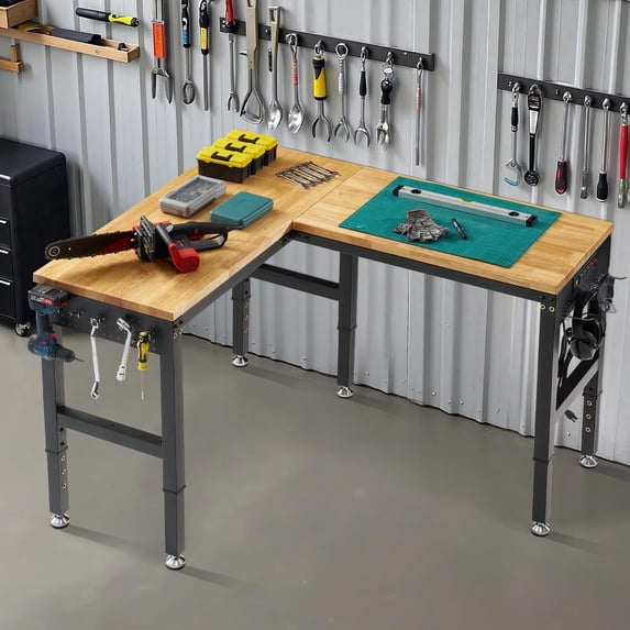 Jocisland Workbench with Power Strip, Adjustable Height Heavy Duty Work Table with Pegboard, 6000Lbs Load Capacity, for Garage