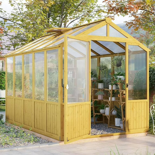 Jocisland Wooden Greenhouse with Lockable Door, Walk-in Cedar Structure, Adjustable Roof Vents, Polycarbonate Panels for Outdoor, Garden, Backyard