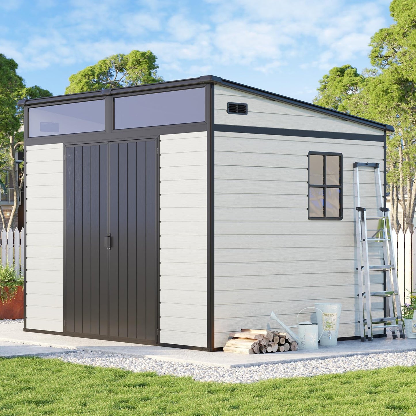 Jocisland Outdoor Resin Storage Shed with Floor & Double Doors, Sloped Roof with Window & Vents, Waterproof Tool Sheds for Lawn, Backyard